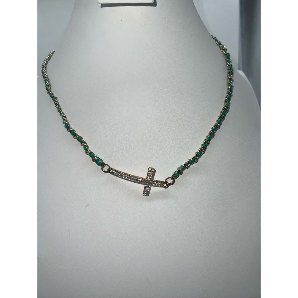 Gold‎ Tone and Green Leather Chain Crystal Sparkle Cross Necklace